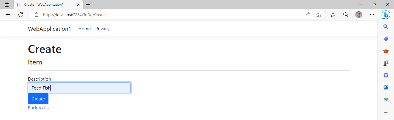 I used the create page to create a ToDo item.