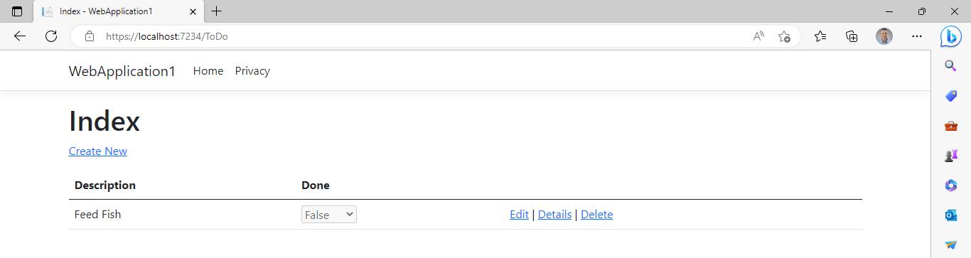 The create page's OnPostAsync() method added the new item (using entity framework) and redirected me back to the ToDo index page.