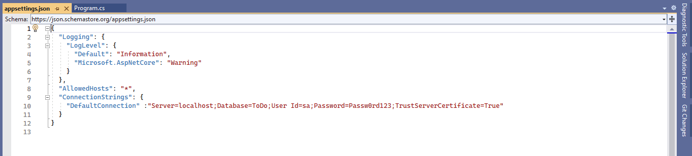 I updated the appsettings.json file to include the database connection string.