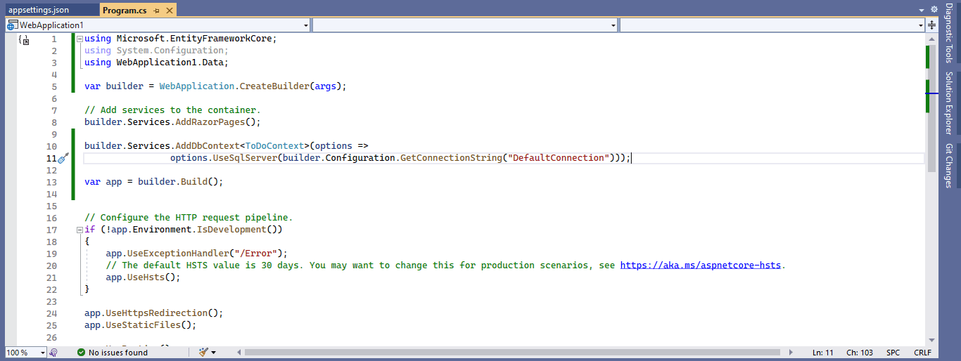 I updated Program.cs to include a reference to the appsettings value.