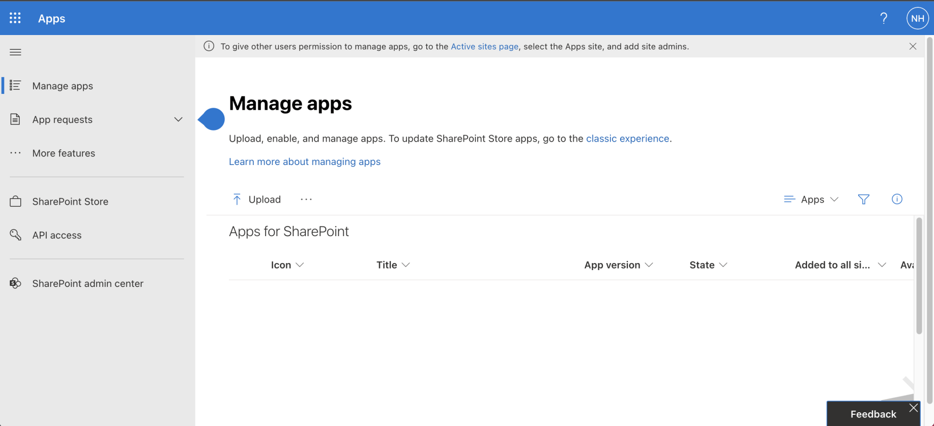 App Catalog's Manage apps page