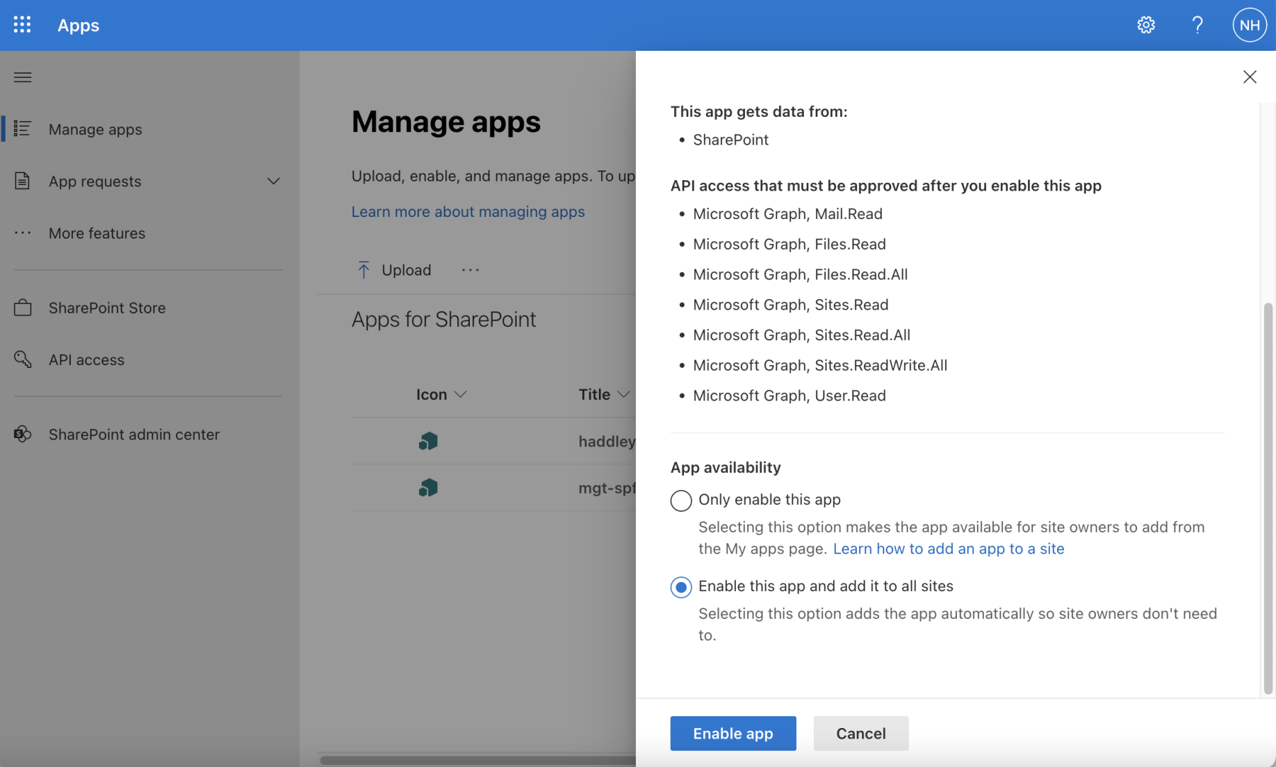 I enabled the app and selected the enable this app and add to all sites option