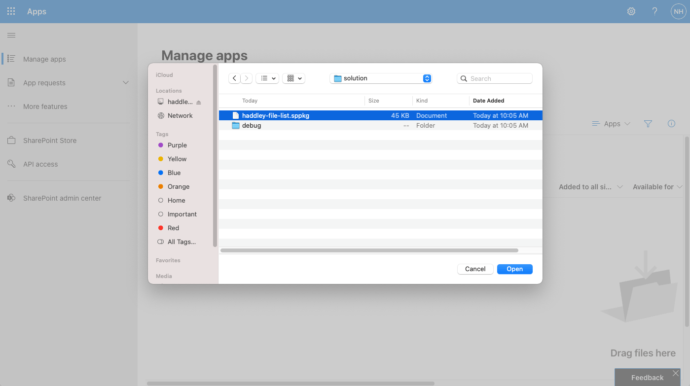 I upload the project's haddley-file-list.sppkg file (package) to the App catalog