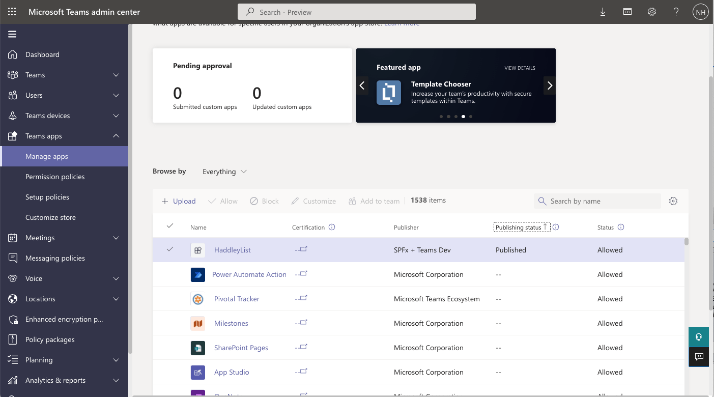 With no additional effort the web part was shown as a Published app in the Teams admin center