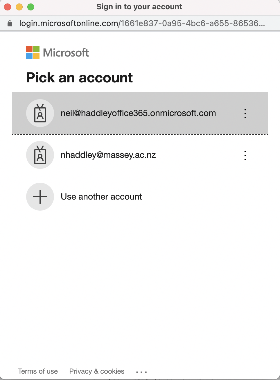 Enter Azure/Office 365 credentials to login to