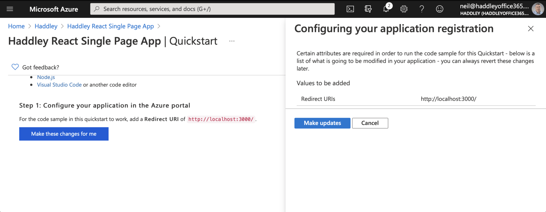 Allow the Quickstart to update the Redirect URI to "http://localhost:3000/"