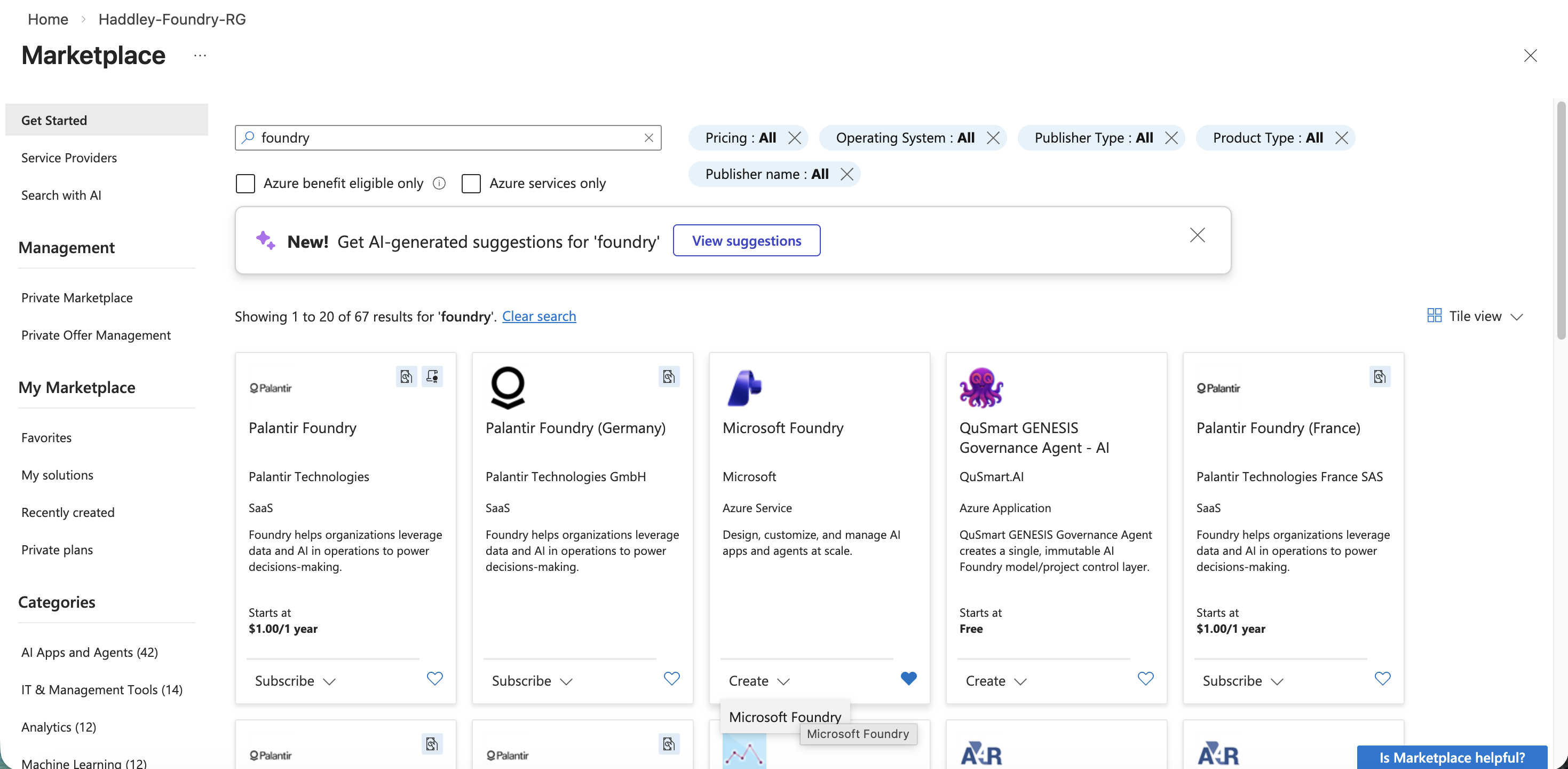 I searched the Marketplace for "foundry" and selected Microsoft Foundry