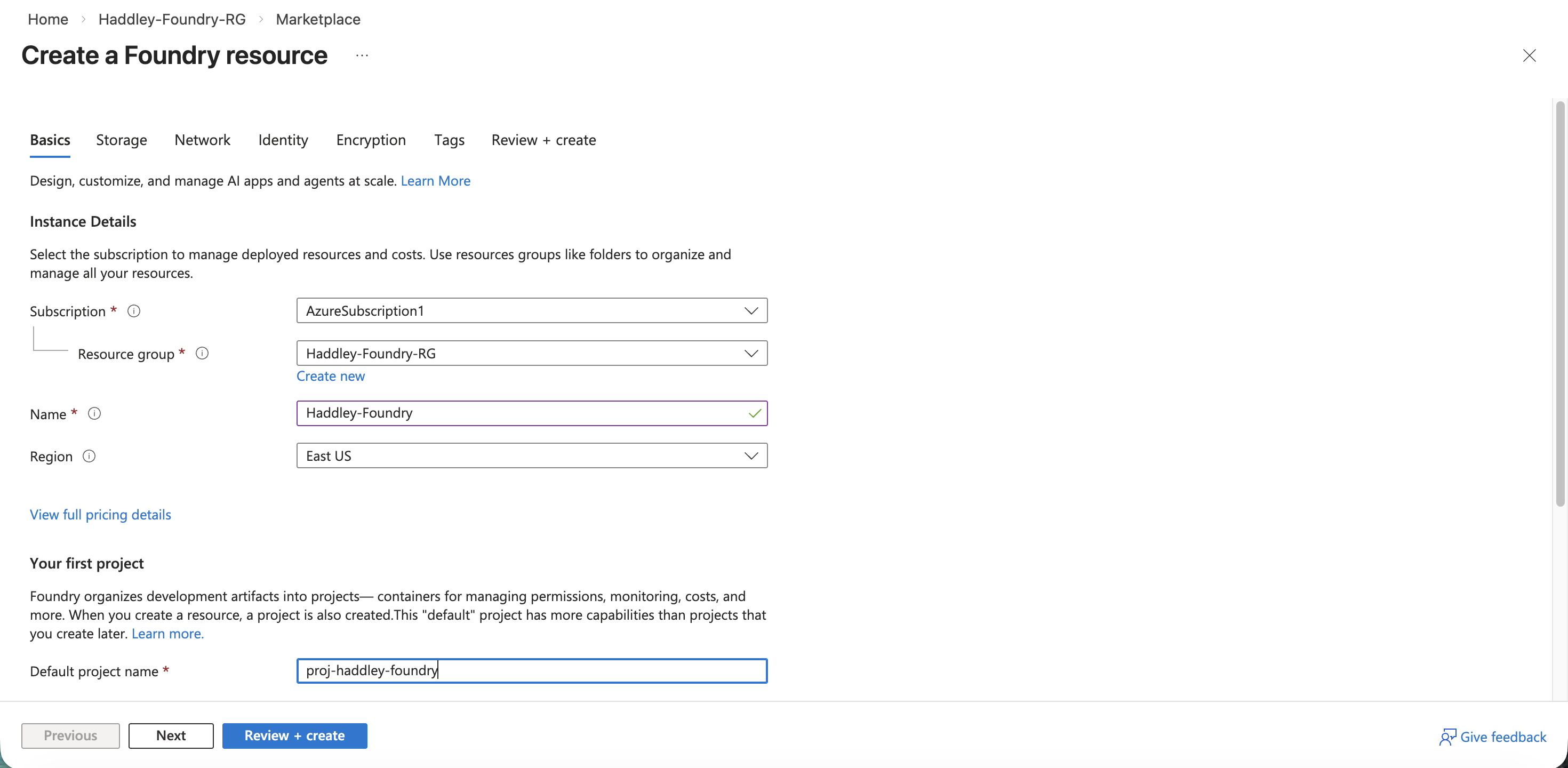 I entered the Foundry resource name and default project name