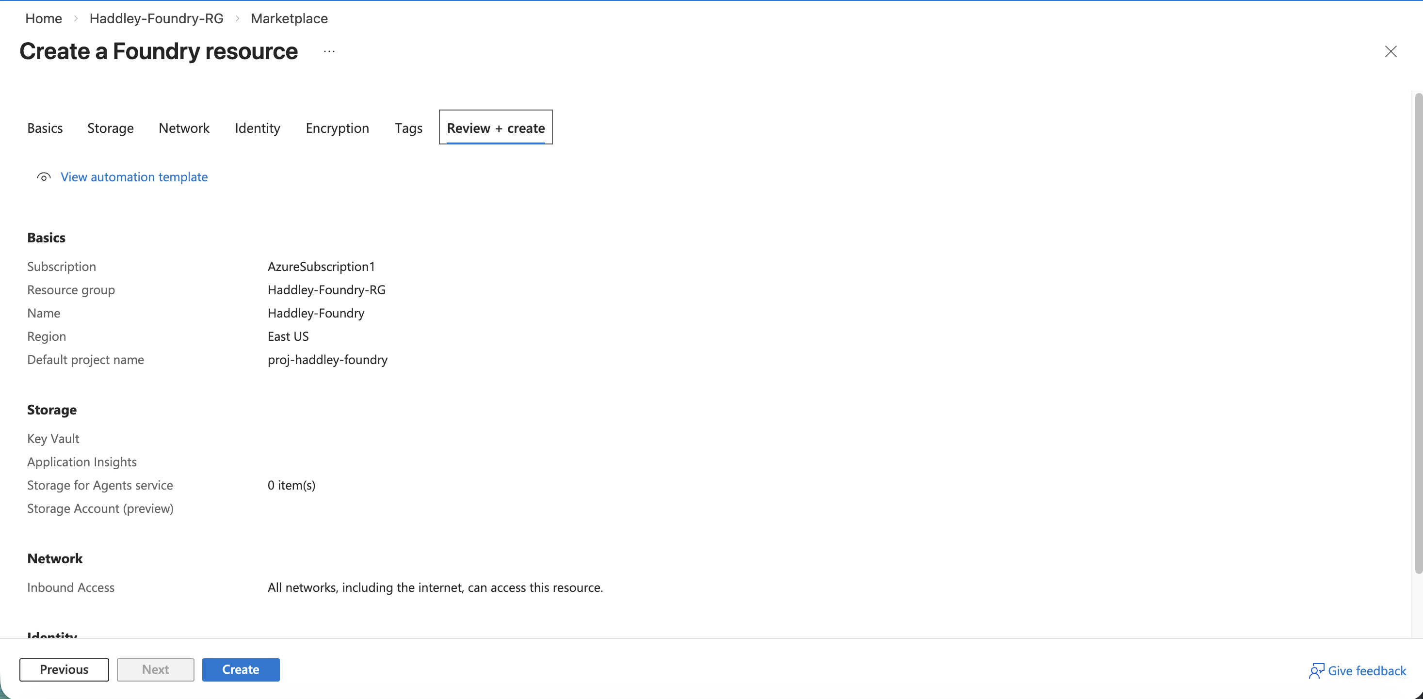 I reviewed the Foundry resource settings before creating