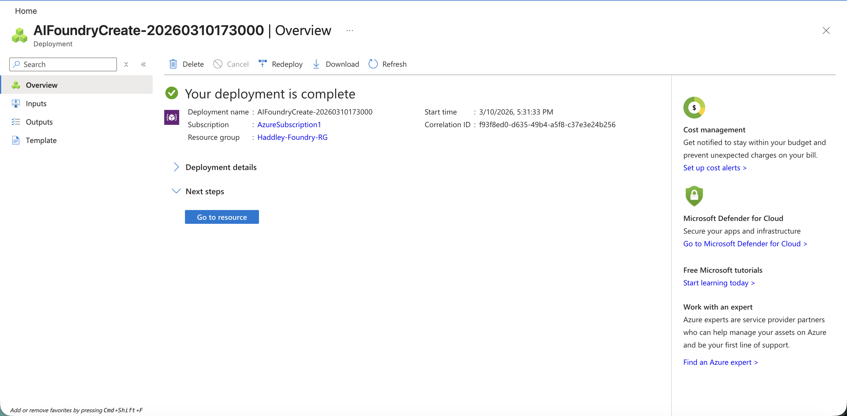 The AIFoundry deployment completed