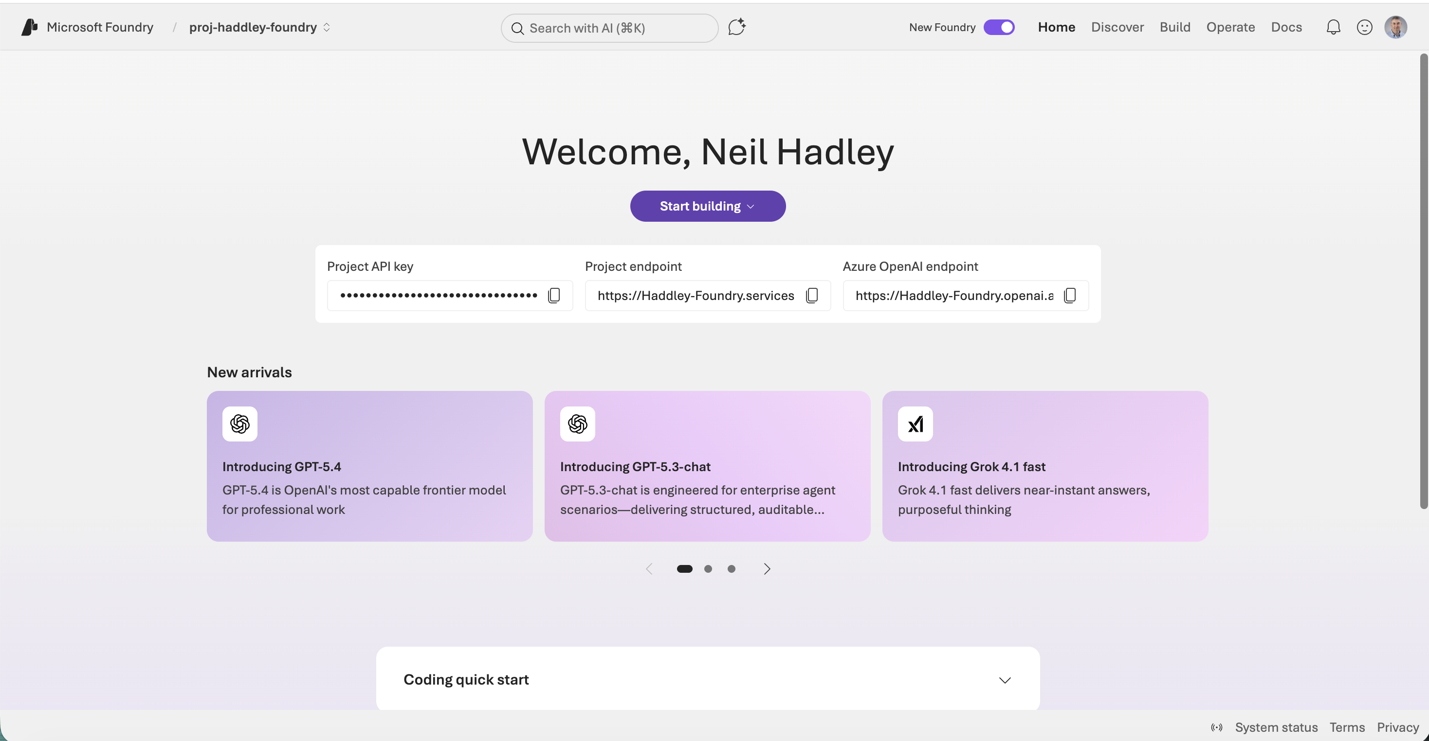 The Microsoft Foundry welcome page showing GPT-5.4, GPT-5.3-chat, and Grok 4.1 fast as new arrivals