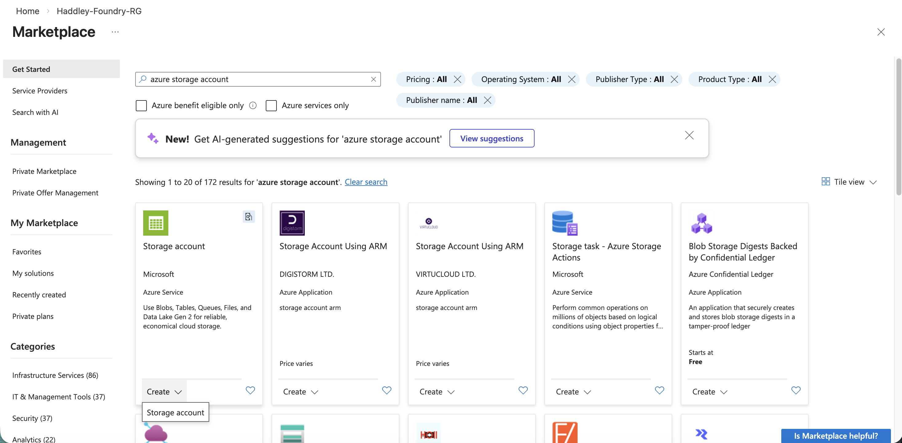 I searched the Marketplace for "azure storage account"