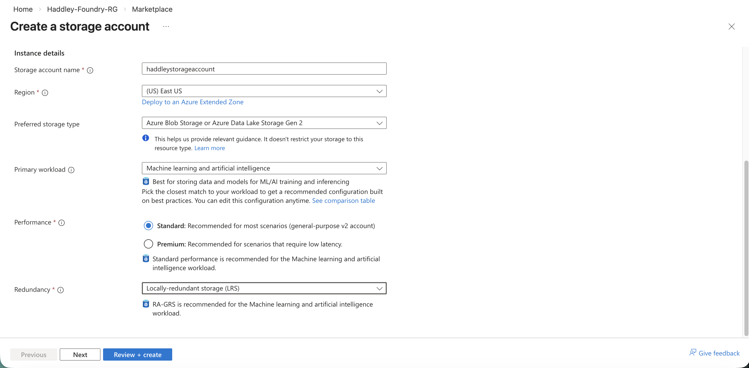 I created a storage account with the Machine learning and artificial intelligence workload type
