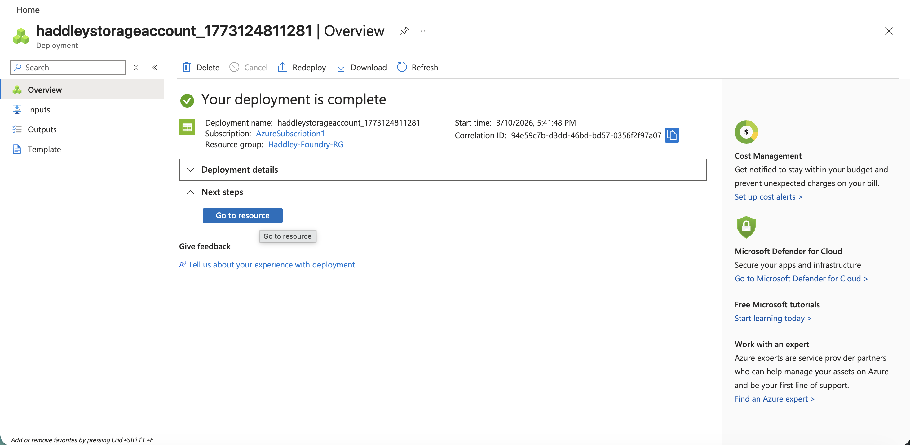 The storage account deployment completed