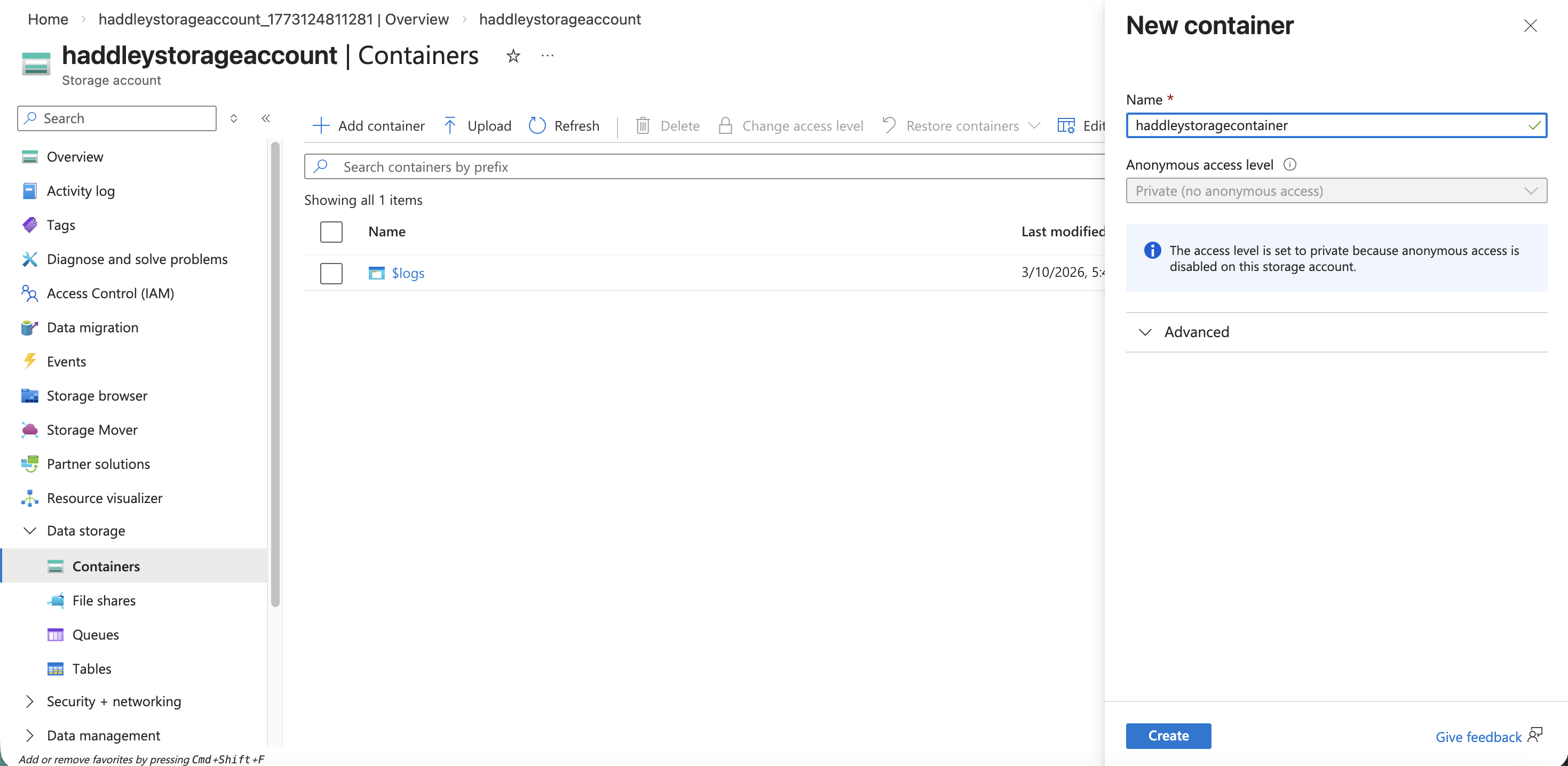 I created the haddleystoragecontainer blob container