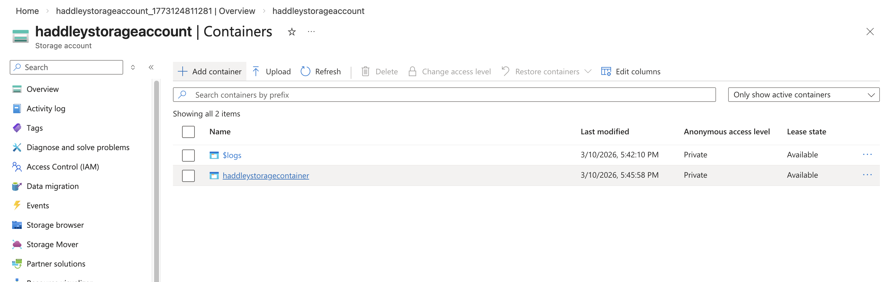 Both containers are now listed in the storage account