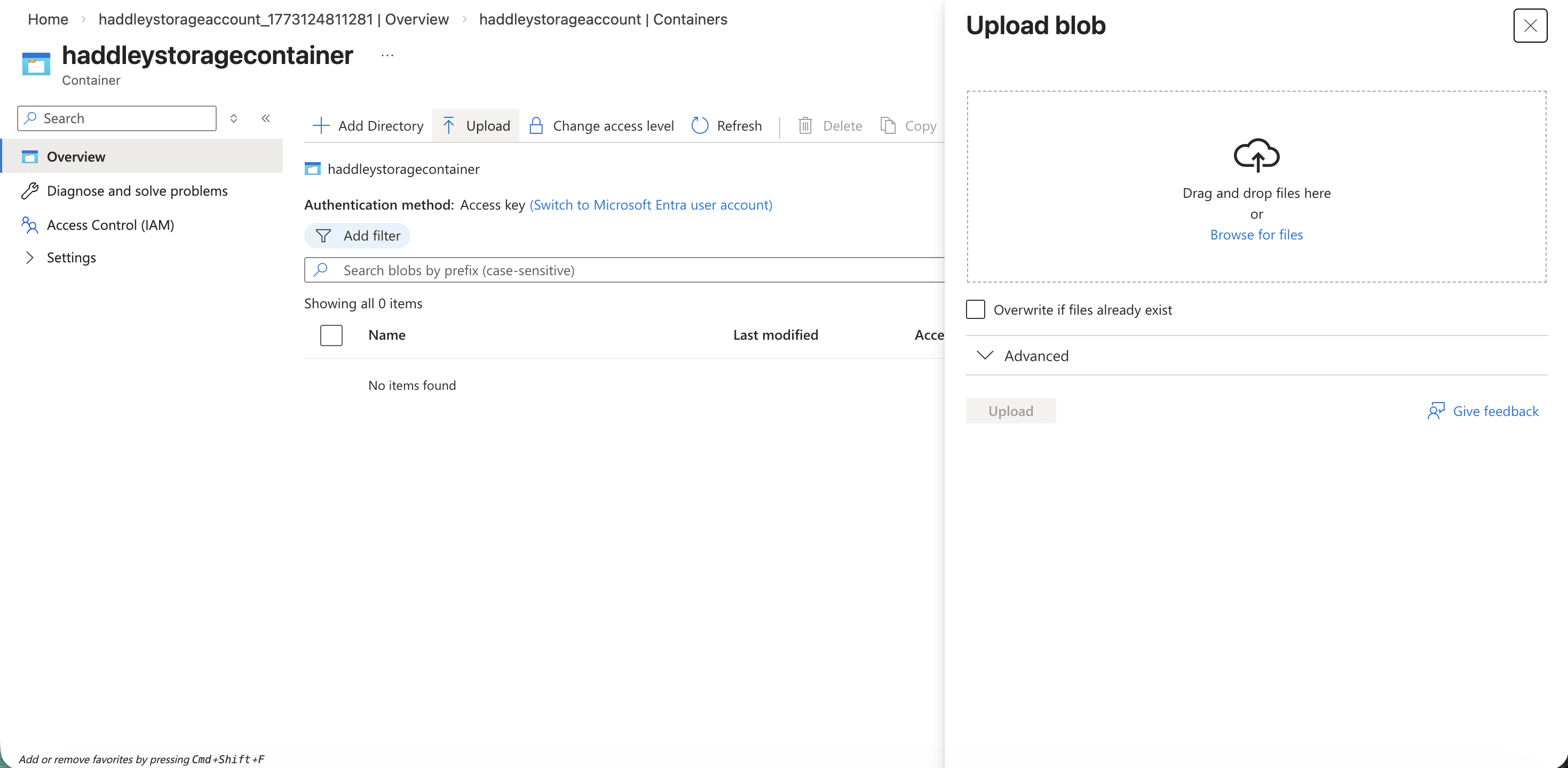 I opened the Upload blob panel in the empty container