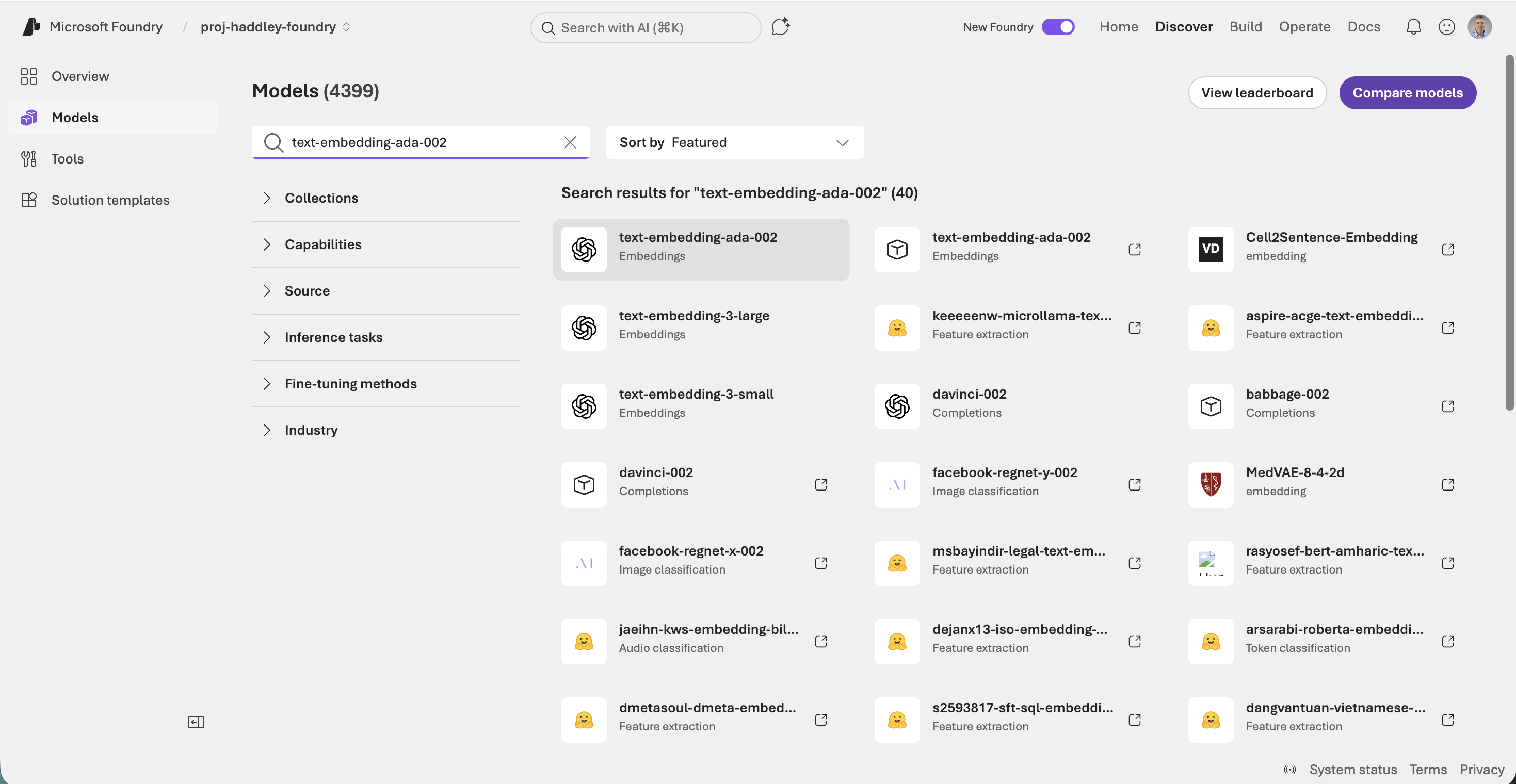 I searched for "text-embedding-ada-002" in the Foundry model catalog