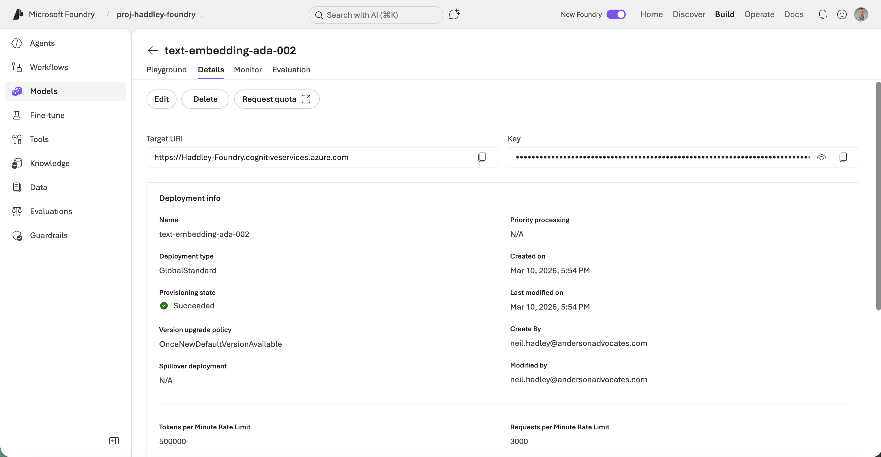 The text-embedding-ada-002 deployment details showing Target URI and provisioning state Succeeded