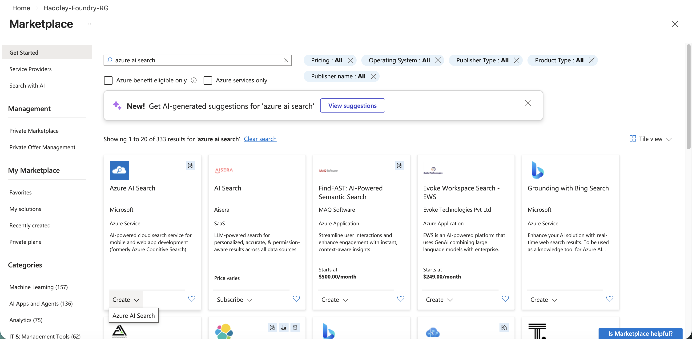 I searched the Marketplace for "azure ai search"