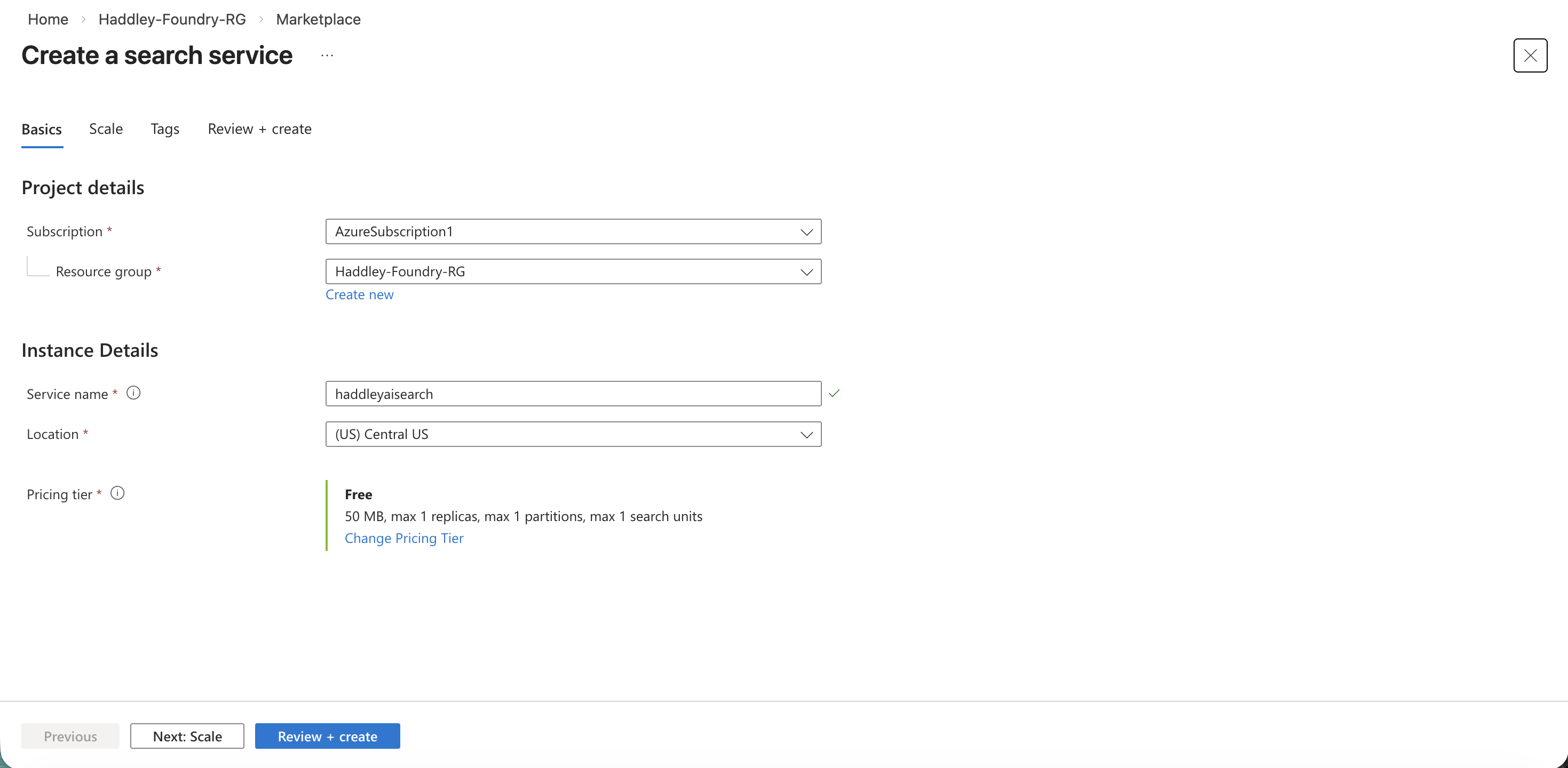 I created the haddleyaisearch service in Central US on the Free tier