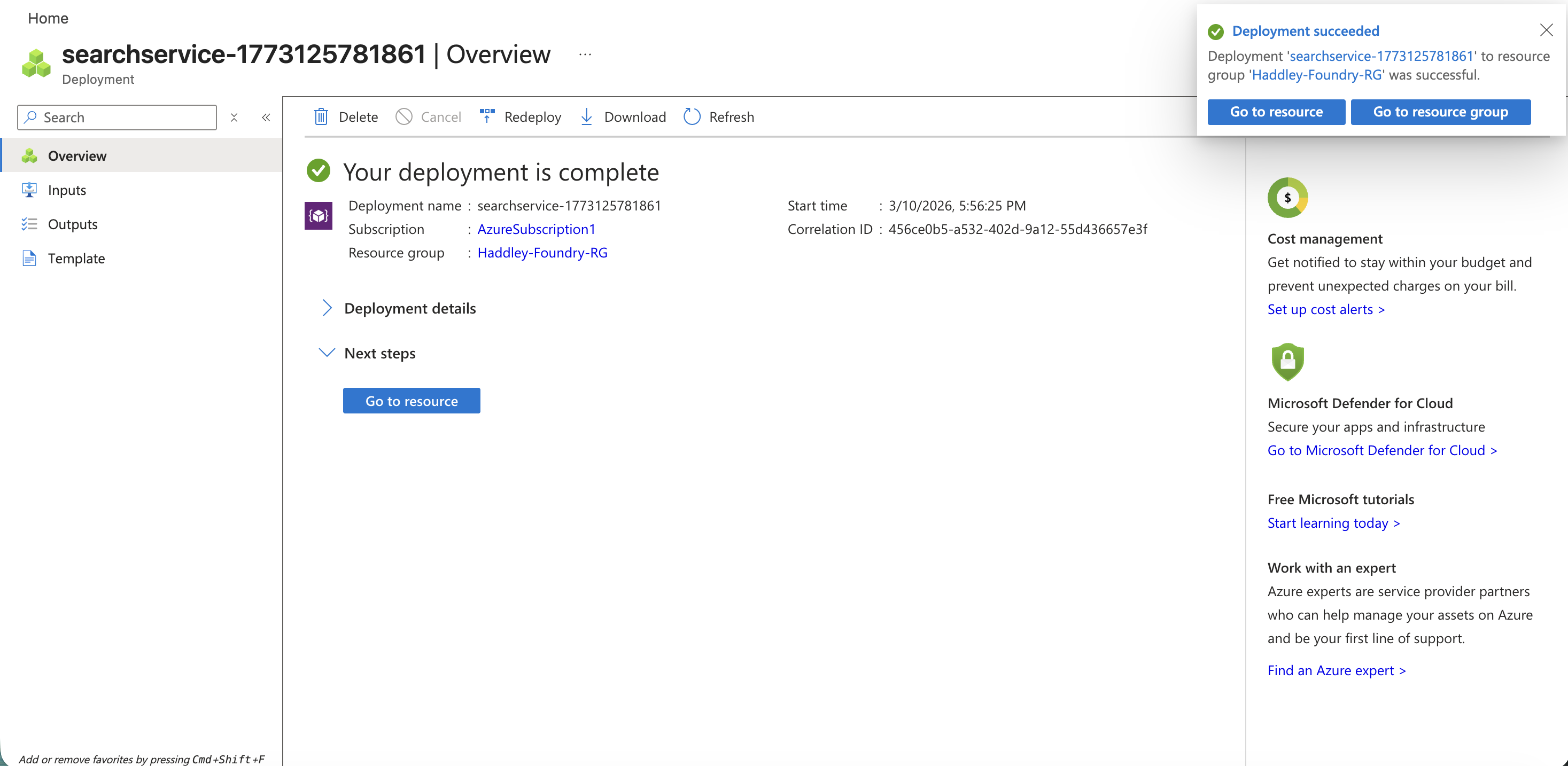 The search service deployment completed successfully