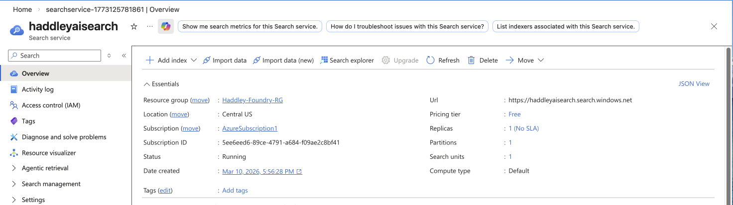 The haddleyaisearch service overview showing Running status and the search endpoint URL