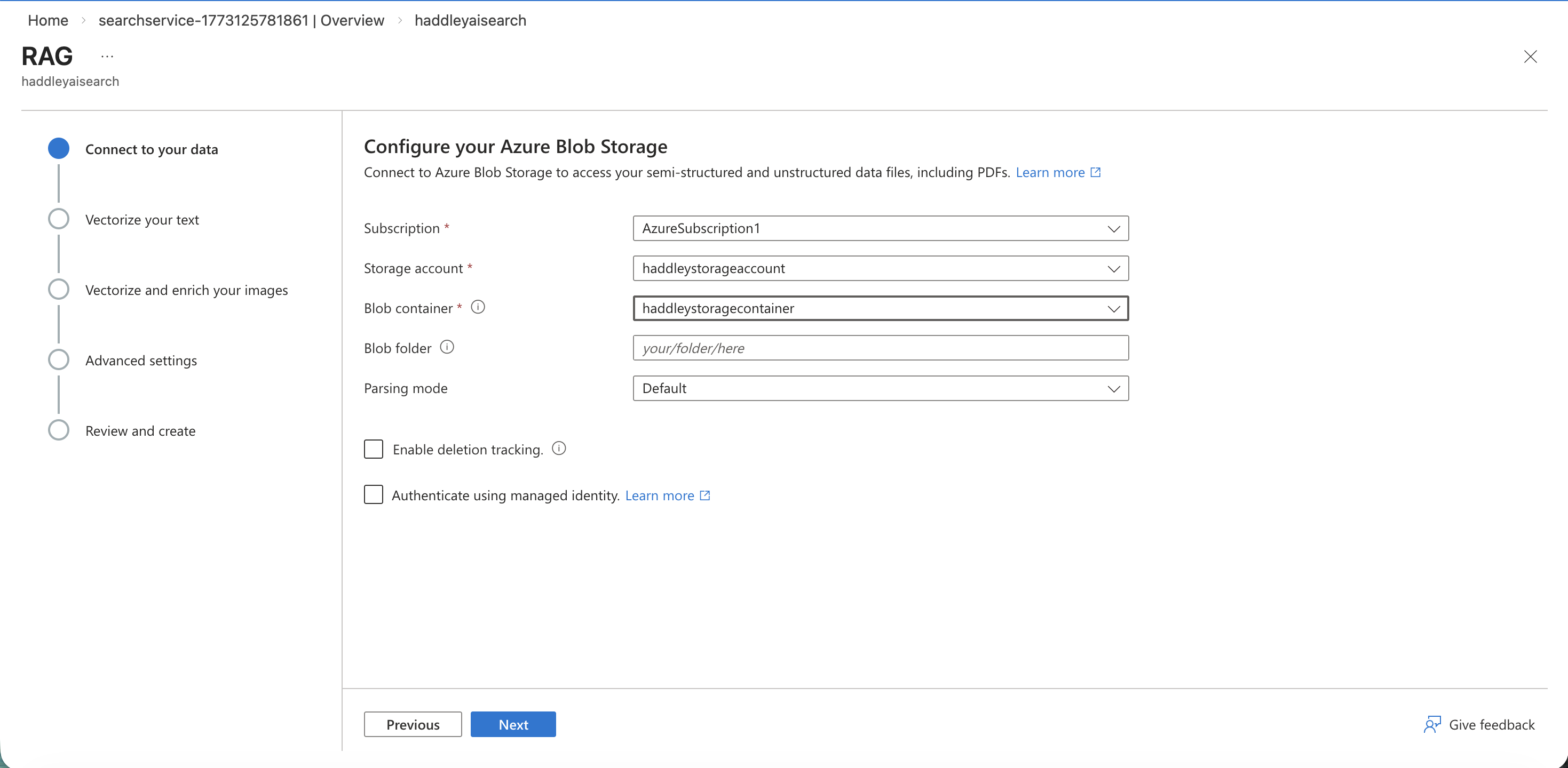 I configured the Azure Blob Storage connection to haddleystoragecontainer