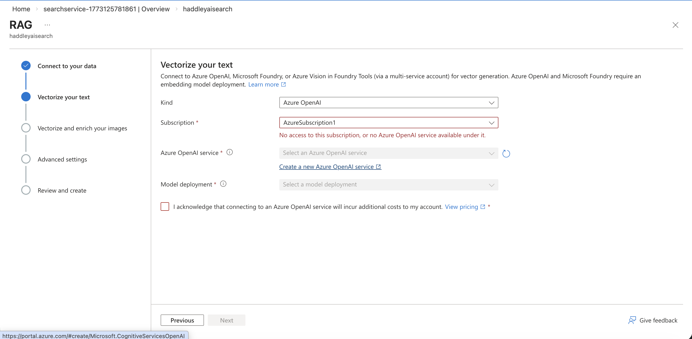 The Vectorize your text step showed no Azure OpenAI service available