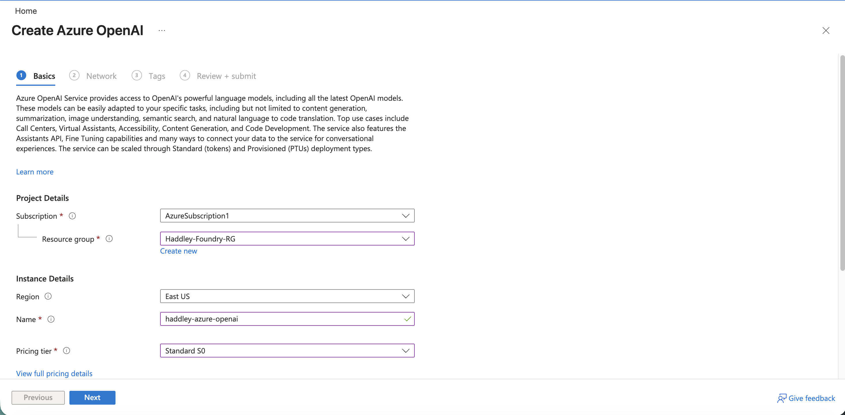 I entered the Azure OpenAI instance name and selected the Standard S0 pricing tier