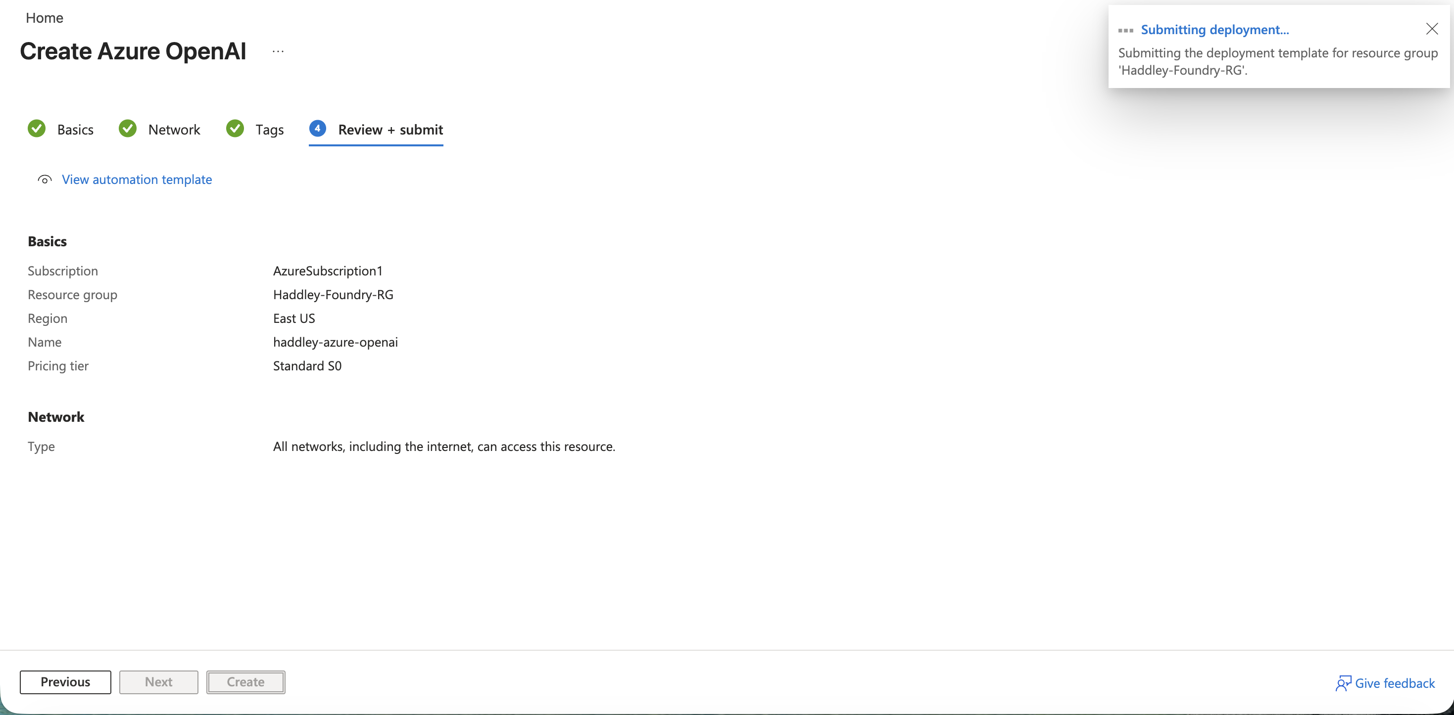 I submitted the Create Azure OpenAI deployment