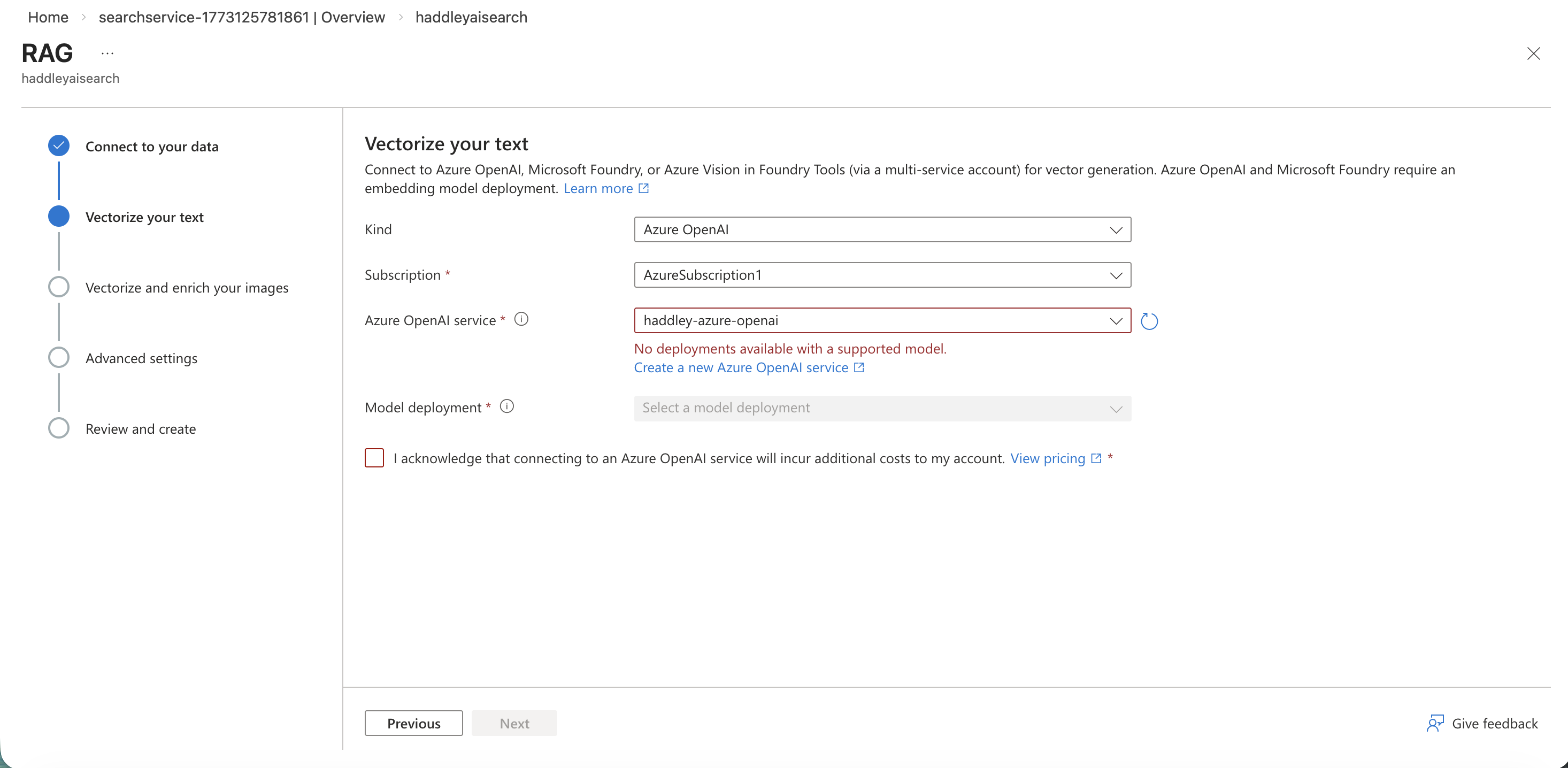 The Azure OpenAI service was selected but showed no deployments with a supported model