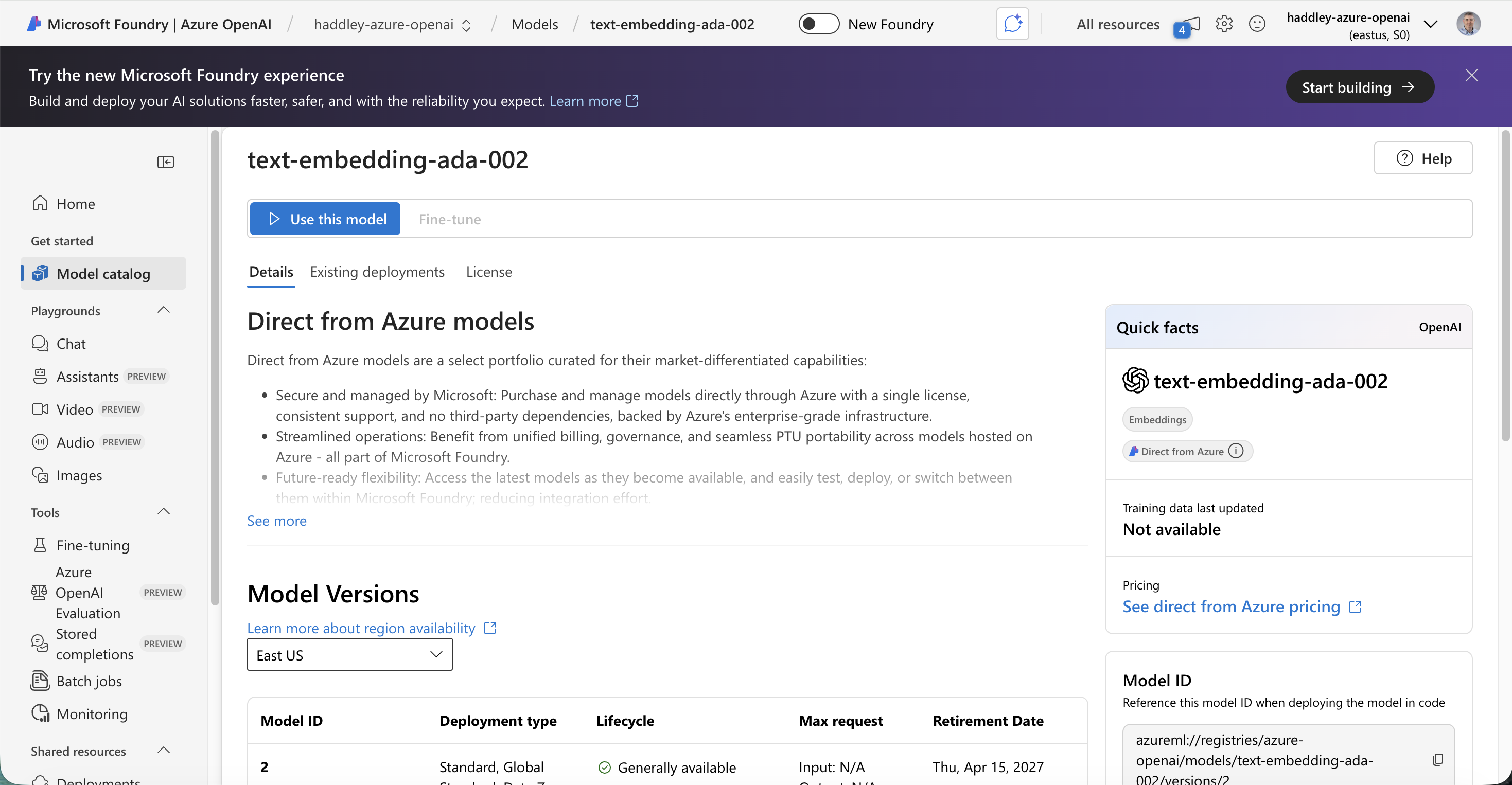 I opened the text-embedding-ada-002 model page in the Azure OpenAI section of Foundry