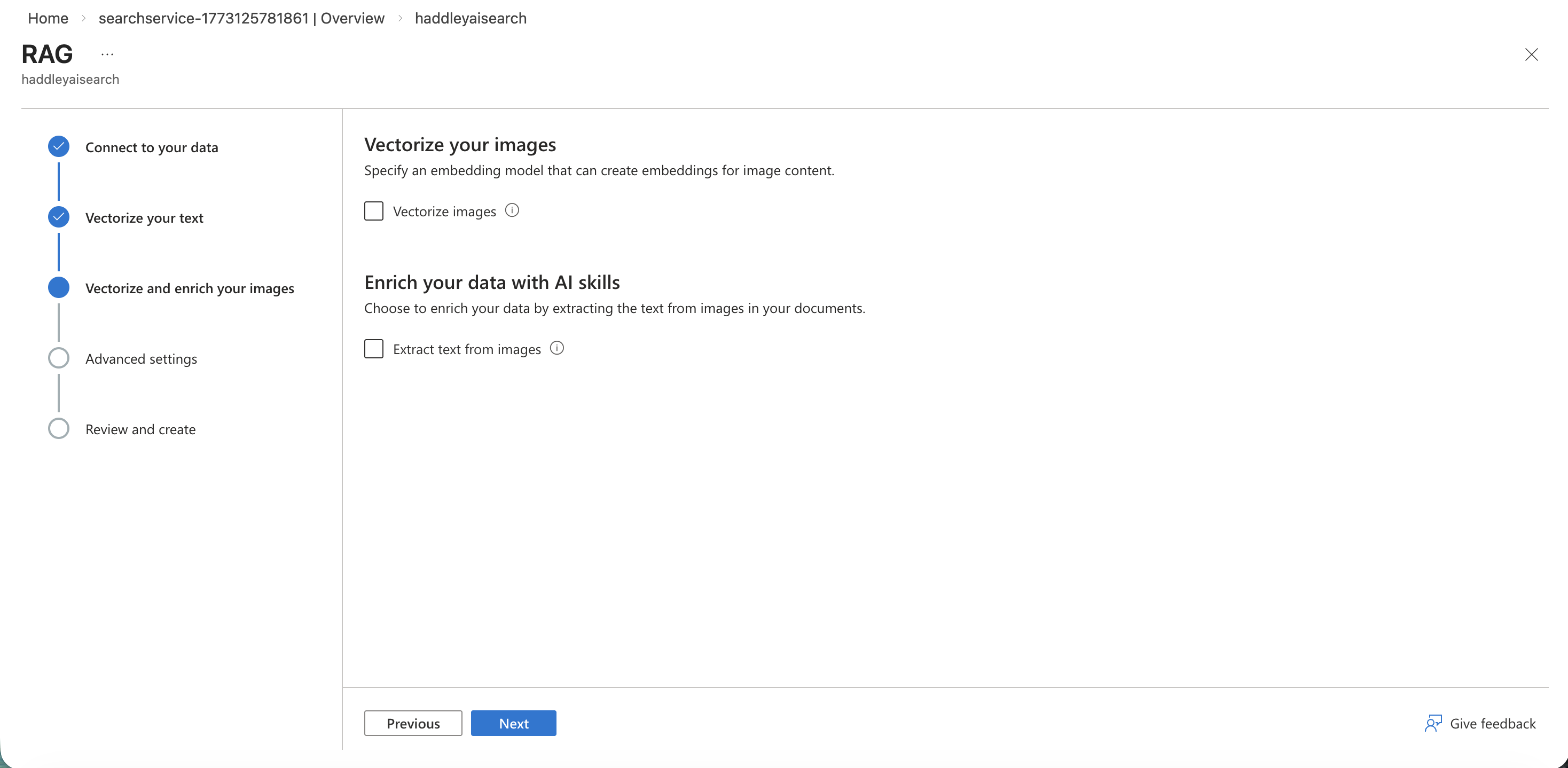 I left image vectorization unconfigured and clicked Next