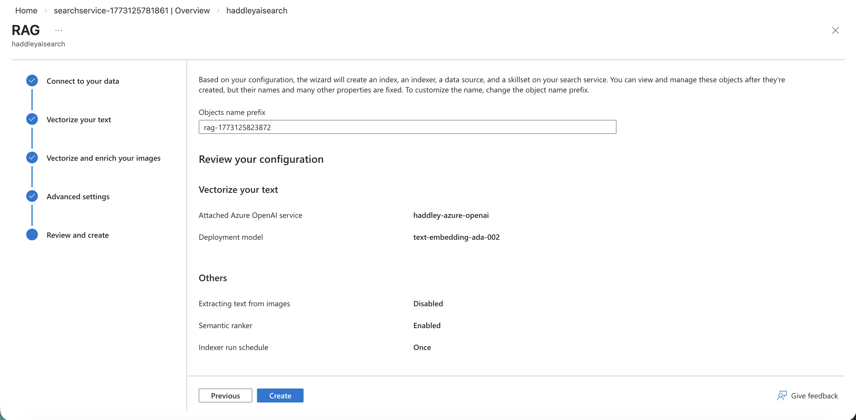 I reviewed the full RAG configuration before creating the index