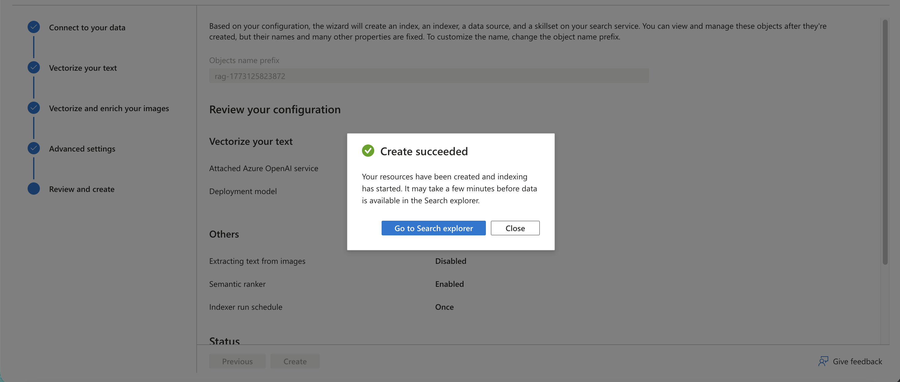 The Create succeeded dialog confirmed the index and indexer were created