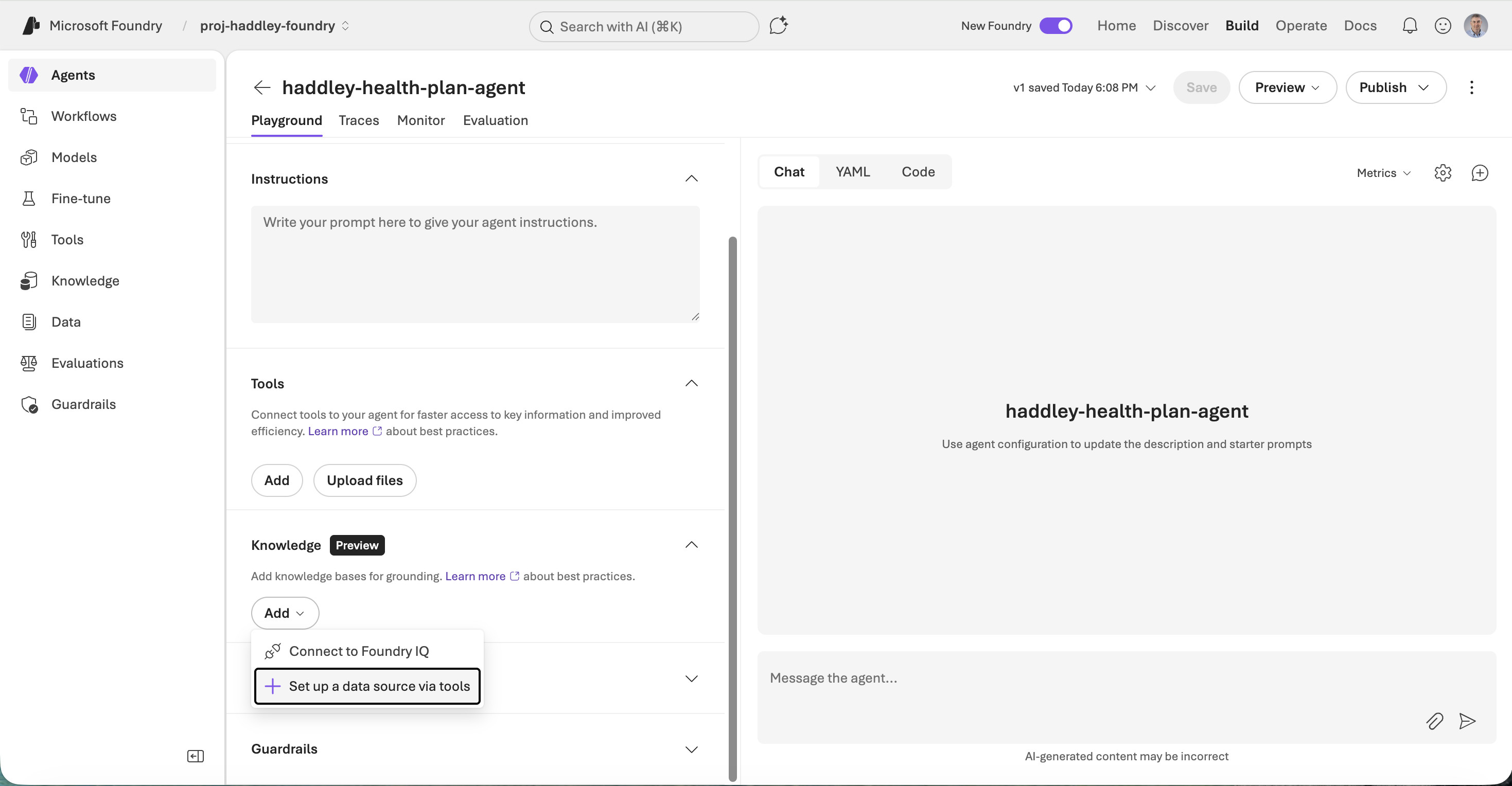 The agent playground opened — I clicked Set up a data source via tools to add Azure AI Search
