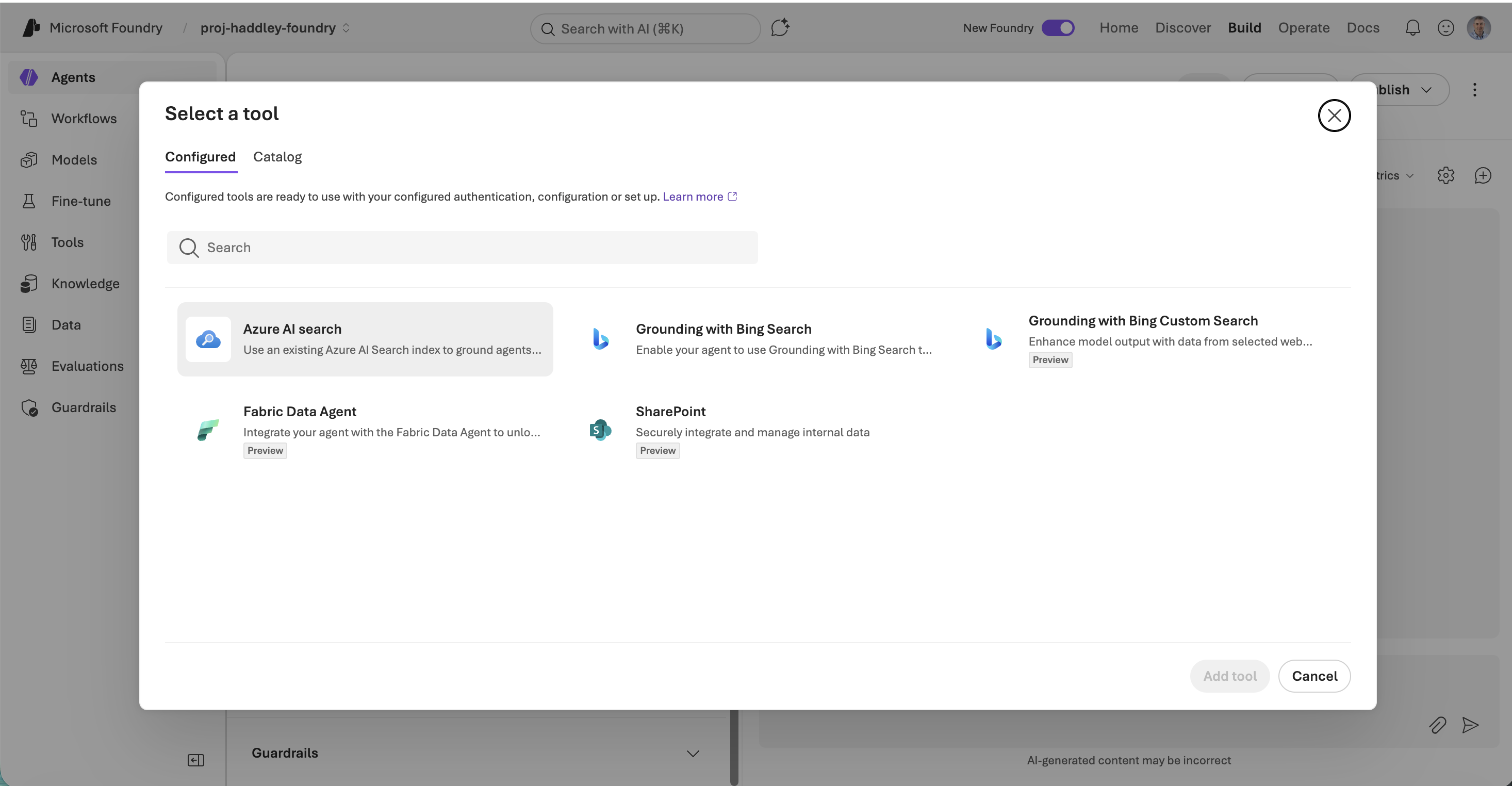 I selected Azure AI Search from the available tools