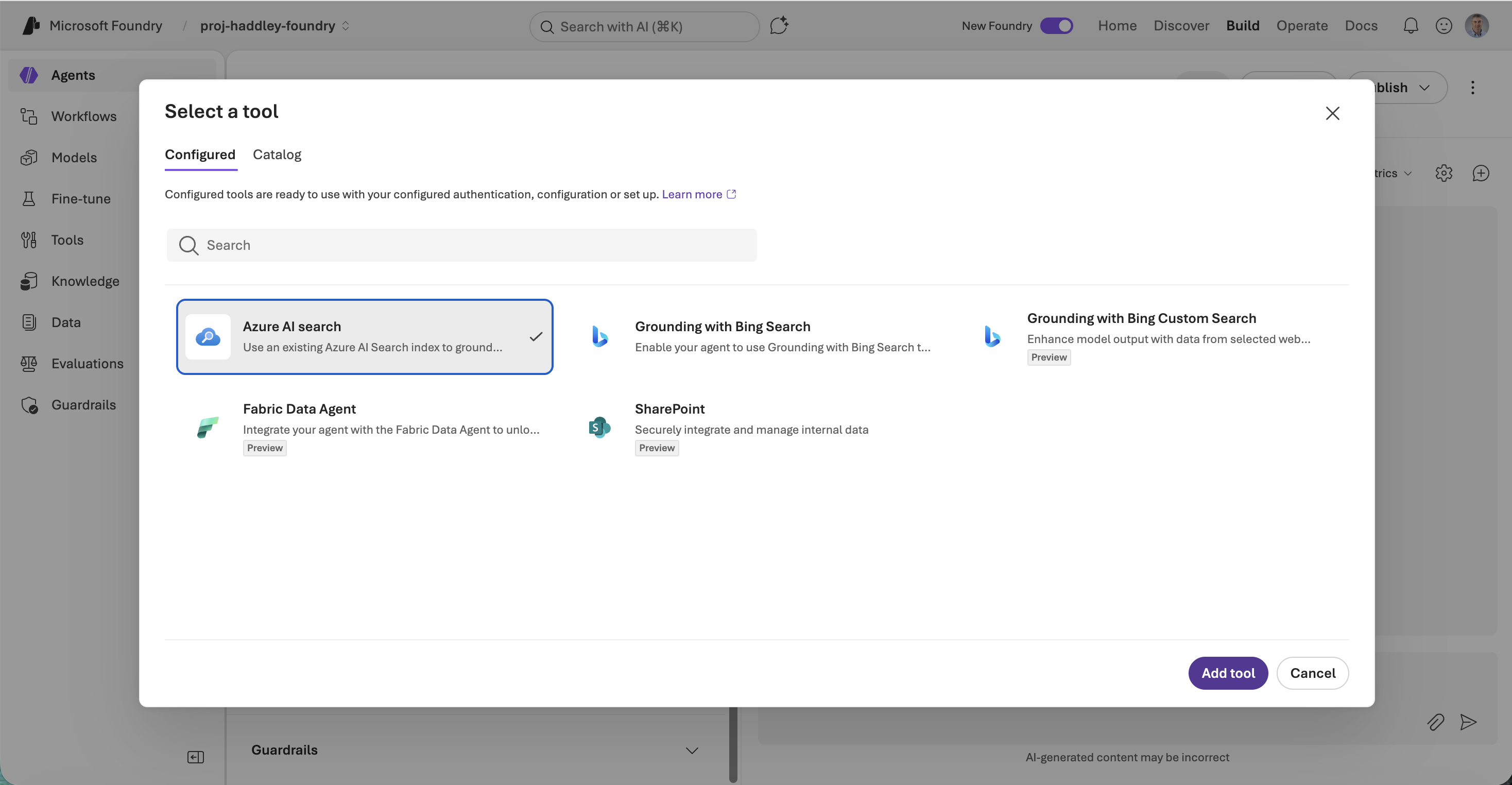I selected Azure AI Search and clicked Add tool