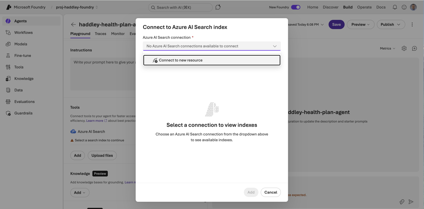 No Azure AI Search connections were available — I clicked Connect to new resource