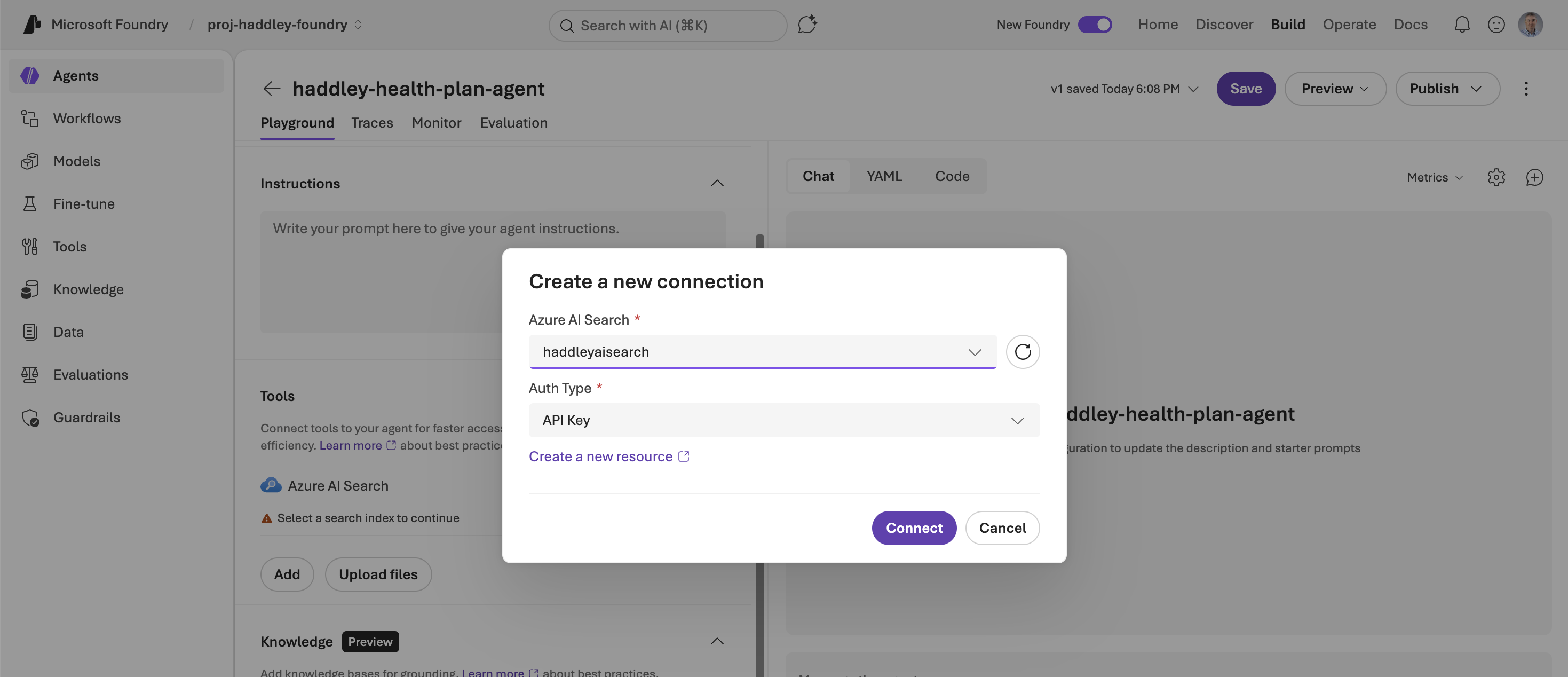 I selected haddleyaisearch and connected via API Key