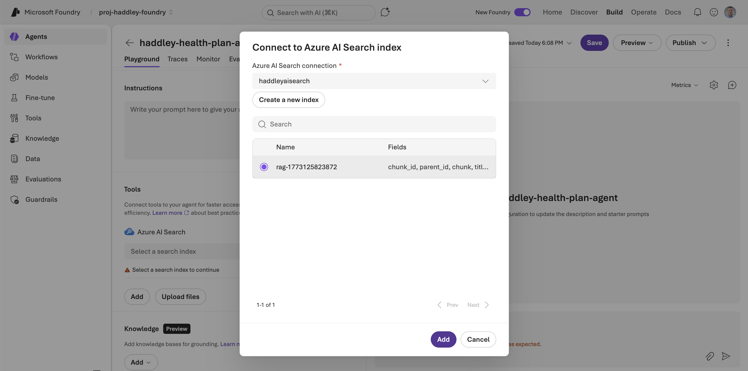 I selected the rag-1773125823872 index to connect to the agent