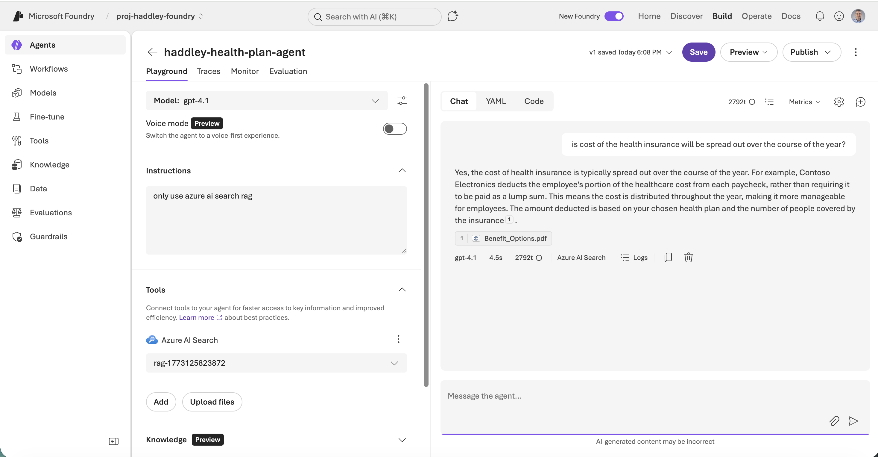 The agent answered correctly, explaining that health insurance costs are deducted from each paycheck, and cited Benefit_Options.pdf as the source