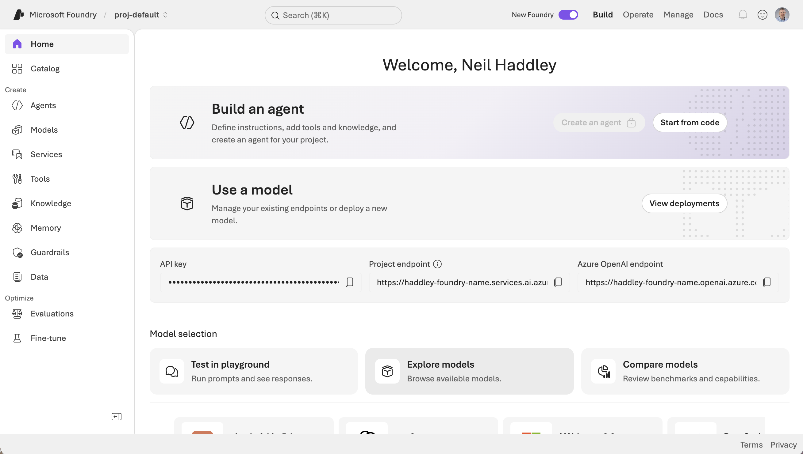 The Foundry portal home page for proj-default showed the project endpoint