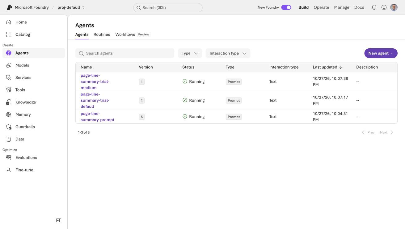 The Agents page listed page-line-summary-prompt as a running Prompt agent