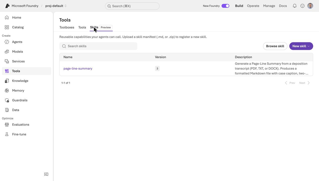 The Skills tab, marked Preview, listed page-line-summary