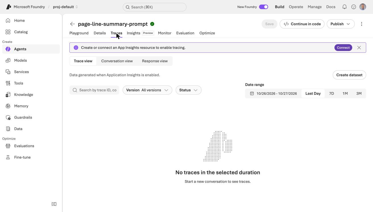 The Traces tab asked me to connect Application Insights before it would show anything
