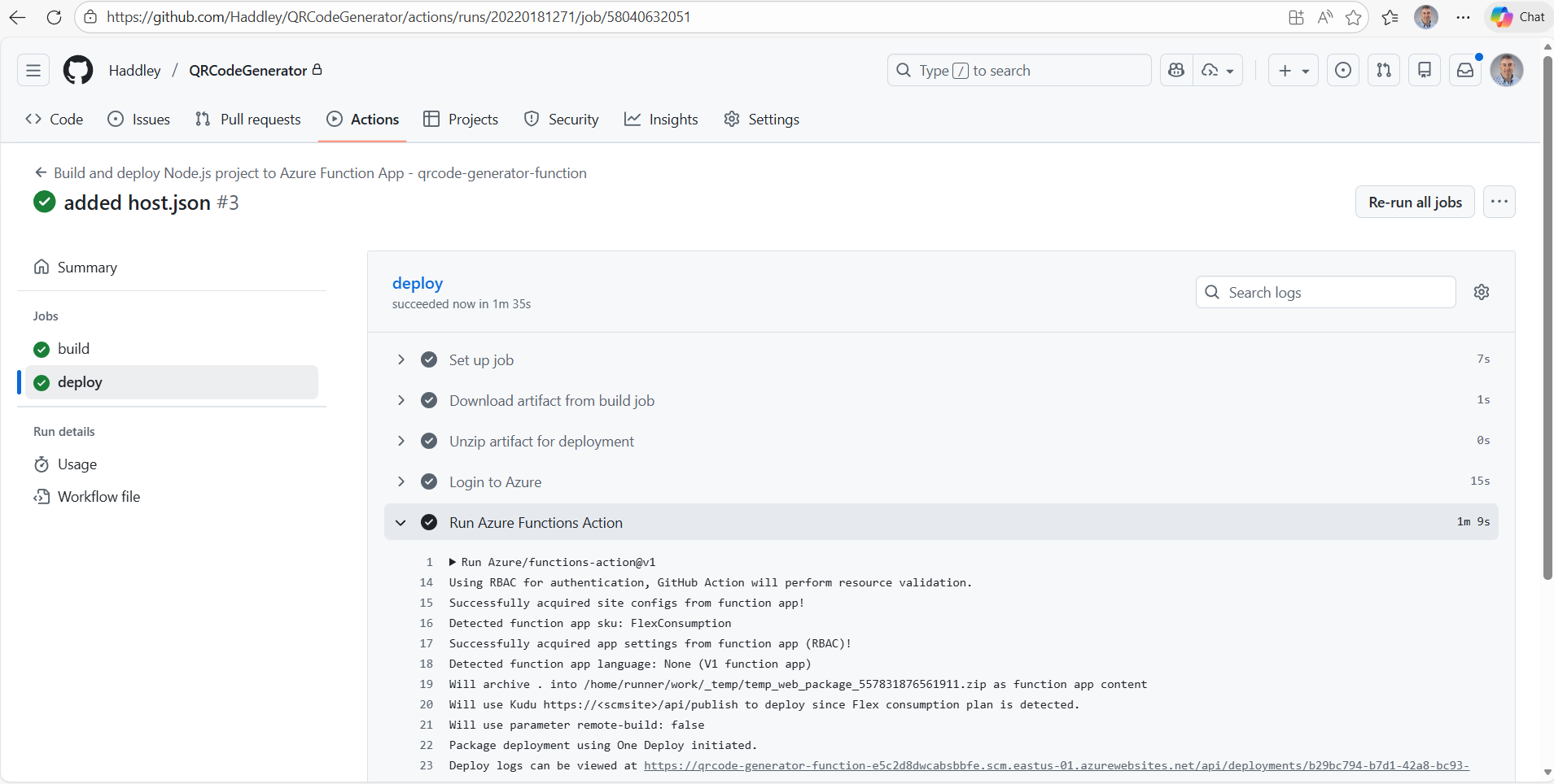 The Github action built the Function App and deployed to Azure