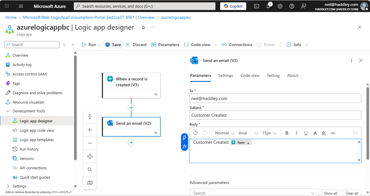 I configured Send an email (V2)
