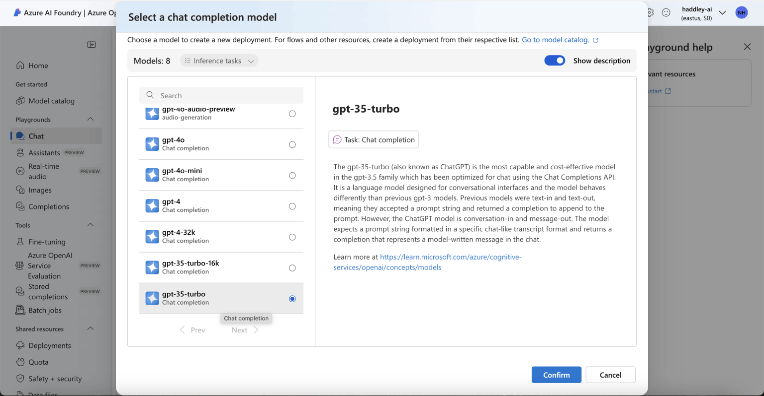 I selected the gpt-35-turbo model